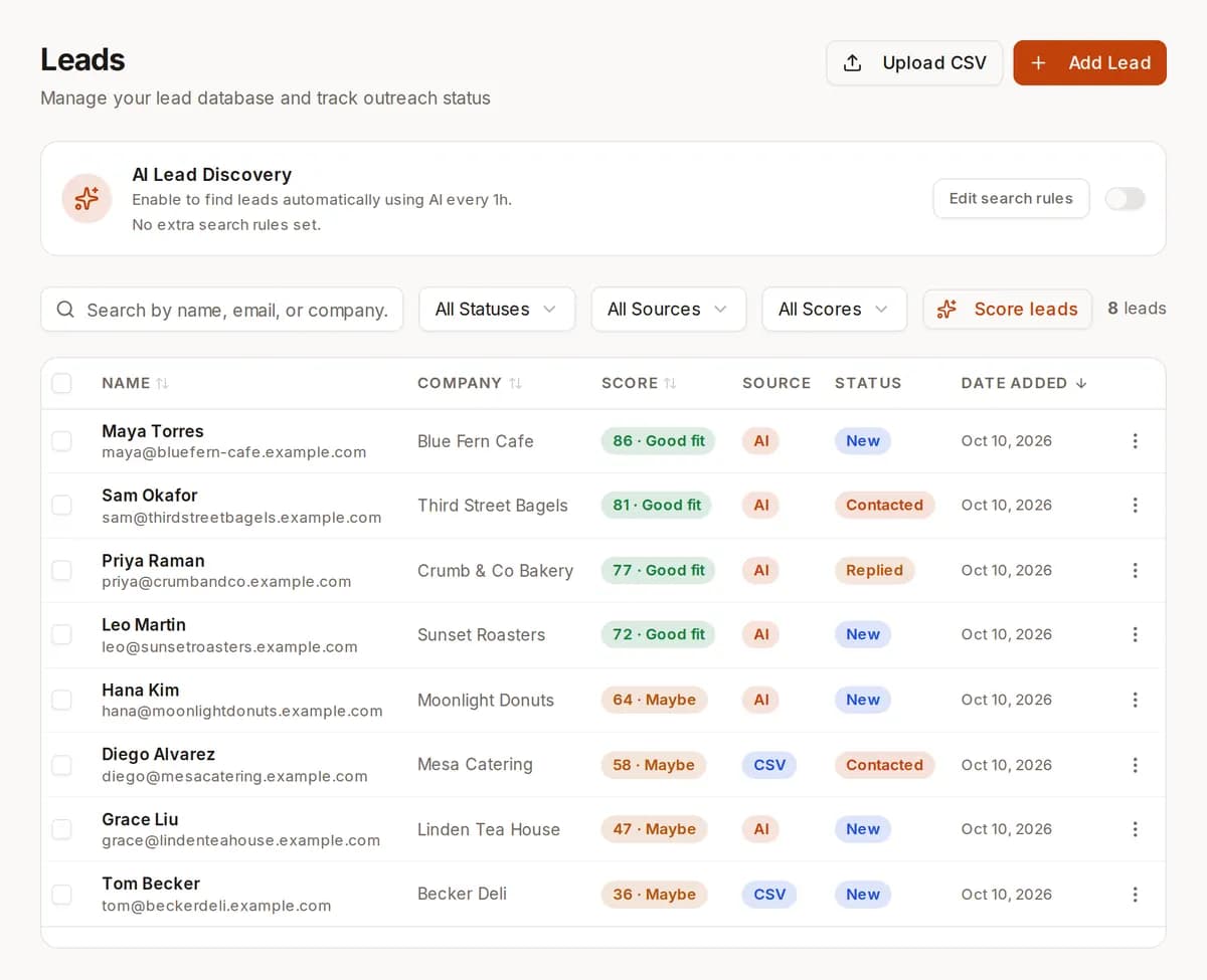 ReachClaw Leads page: a table of example leads with name, email, company, a fit score such as 86 Good fit, the source (AI or CSV) and the status.