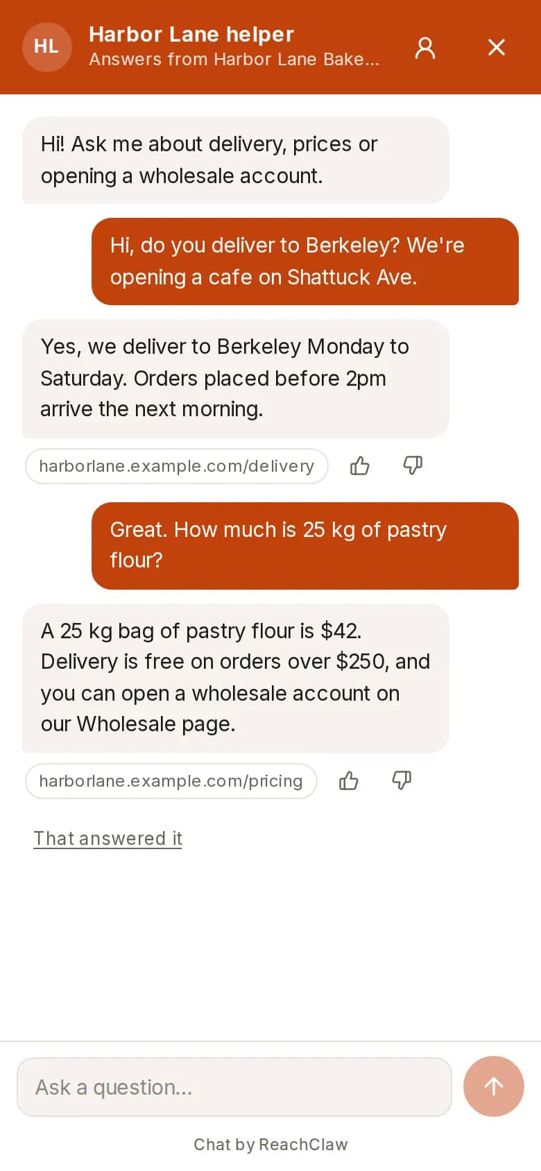 The ReachClaw chat open on the website of Harbor Lane Bakery Supply, an example business. A visitor asks about delivery to Berkeley and the price of pastry flour, and the chat answers with the delivery days, the price and links to the pages it used.