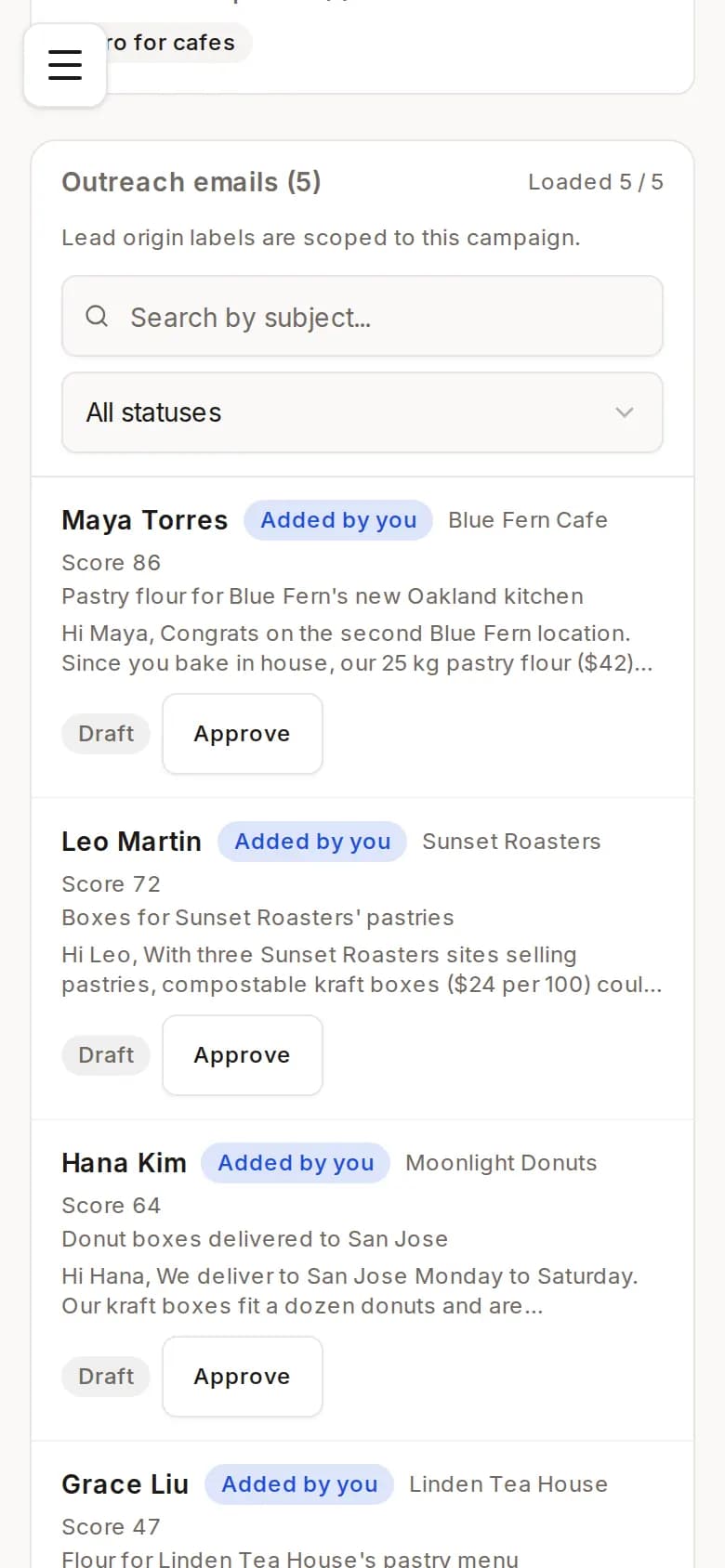 ReachClaw campaign page: a list of five drafted outreach emails, each addressed to a different lead, with an Approve button next to each.