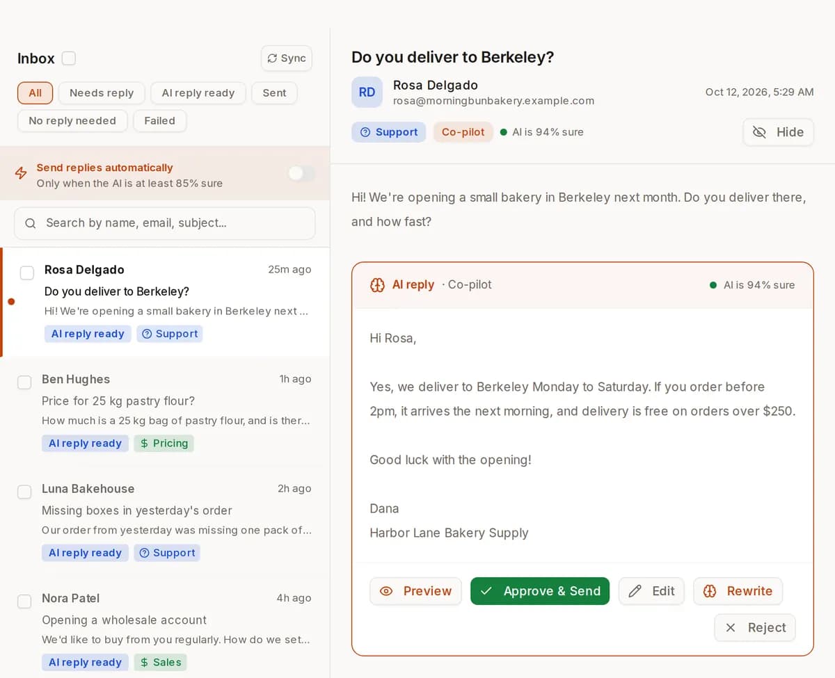ReachClaw Inbox: a customer asks whether the business delivers to Berkeley, and the drafted reply below answers with delivery days and times, with Approve & send, Edit and Rewrite buttons.