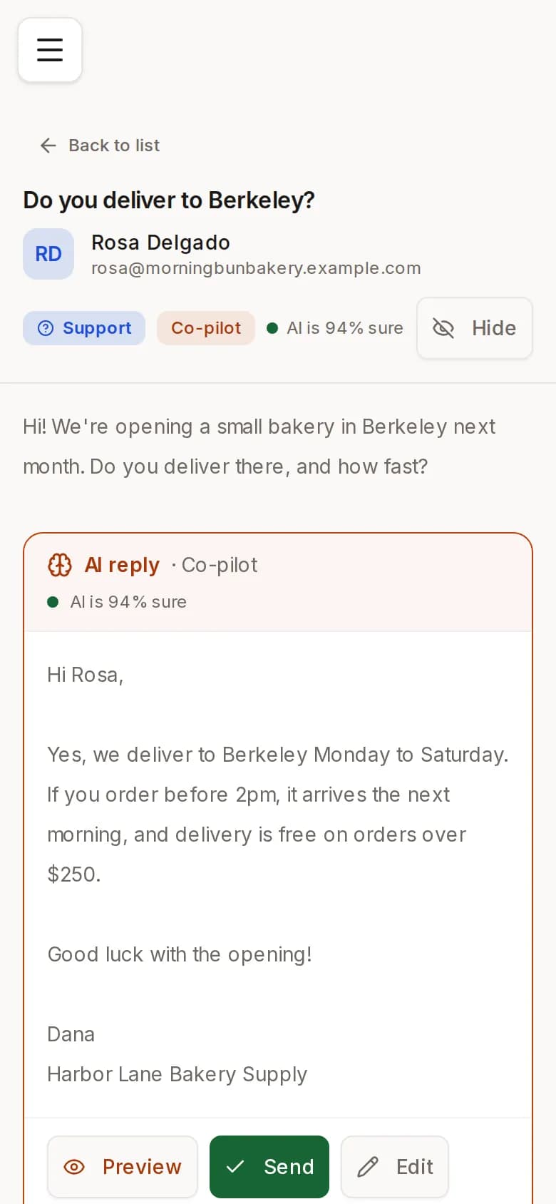ReachClaw Inbox: a customer asks whether the business delivers to Berkeley, and the drafted reply below answers with delivery days and times, with Approve & send, Edit and Rewrite buttons.