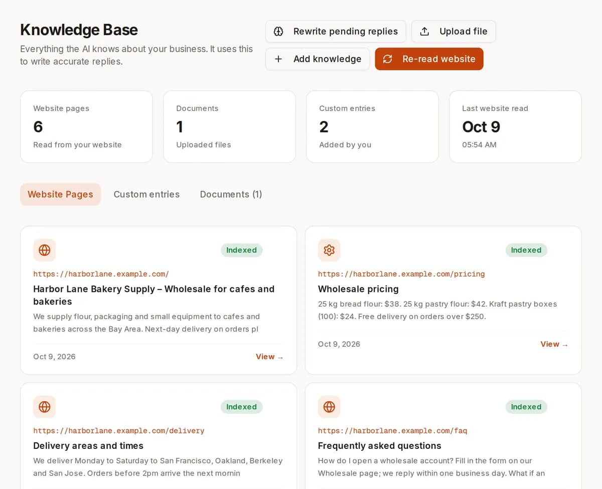 ReachClaw Knowledge page: counts of website pages, uploaded files and notes, and cards for each page it read, such as the pricing and delivery pages.