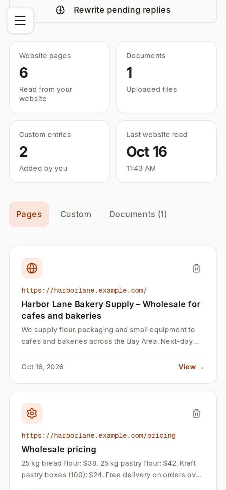 ReachClaw Knowledge page: counts of website pages, uploaded files and notes, and cards for each page it read, such as the pricing and delivery pages.