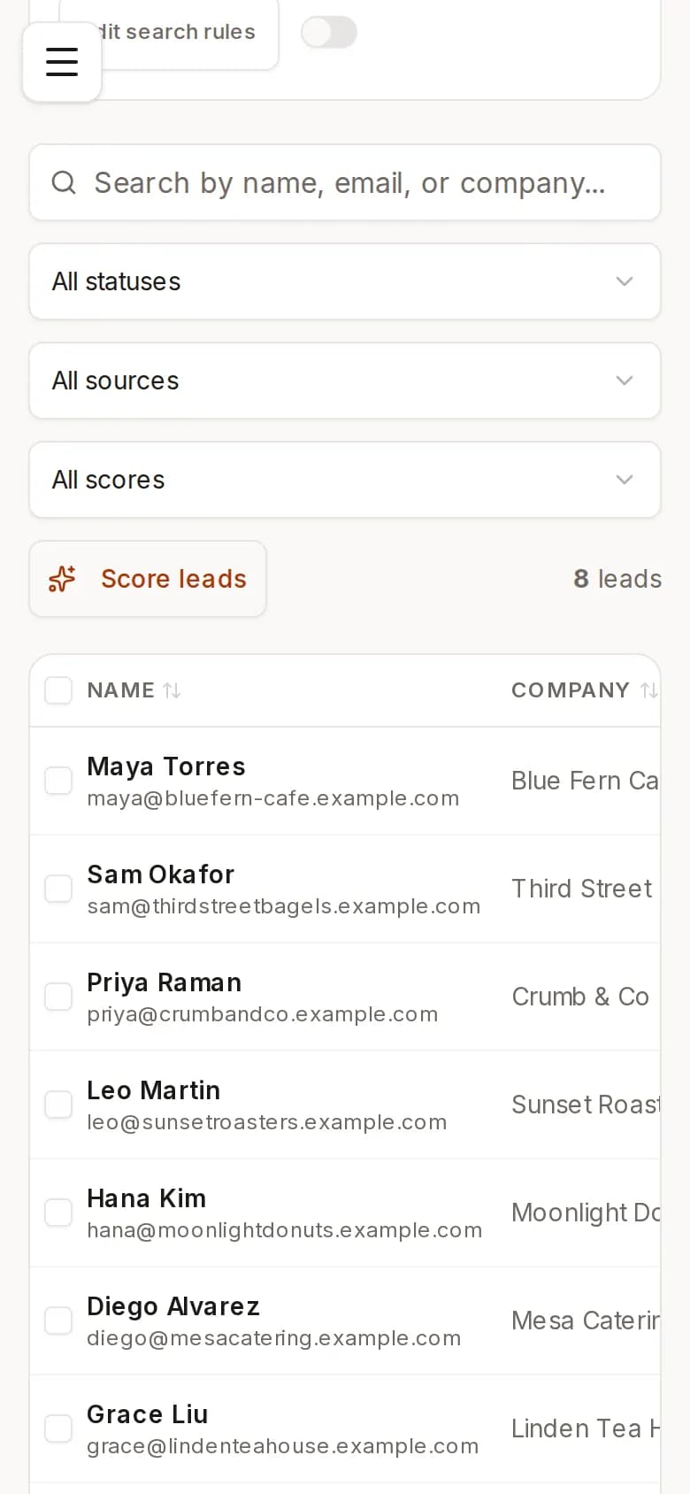 ReachClaw Leads page: a table of example leads with name, email, company, a fit score such as 86 Good fit, the source (AI or CSV) and the status.