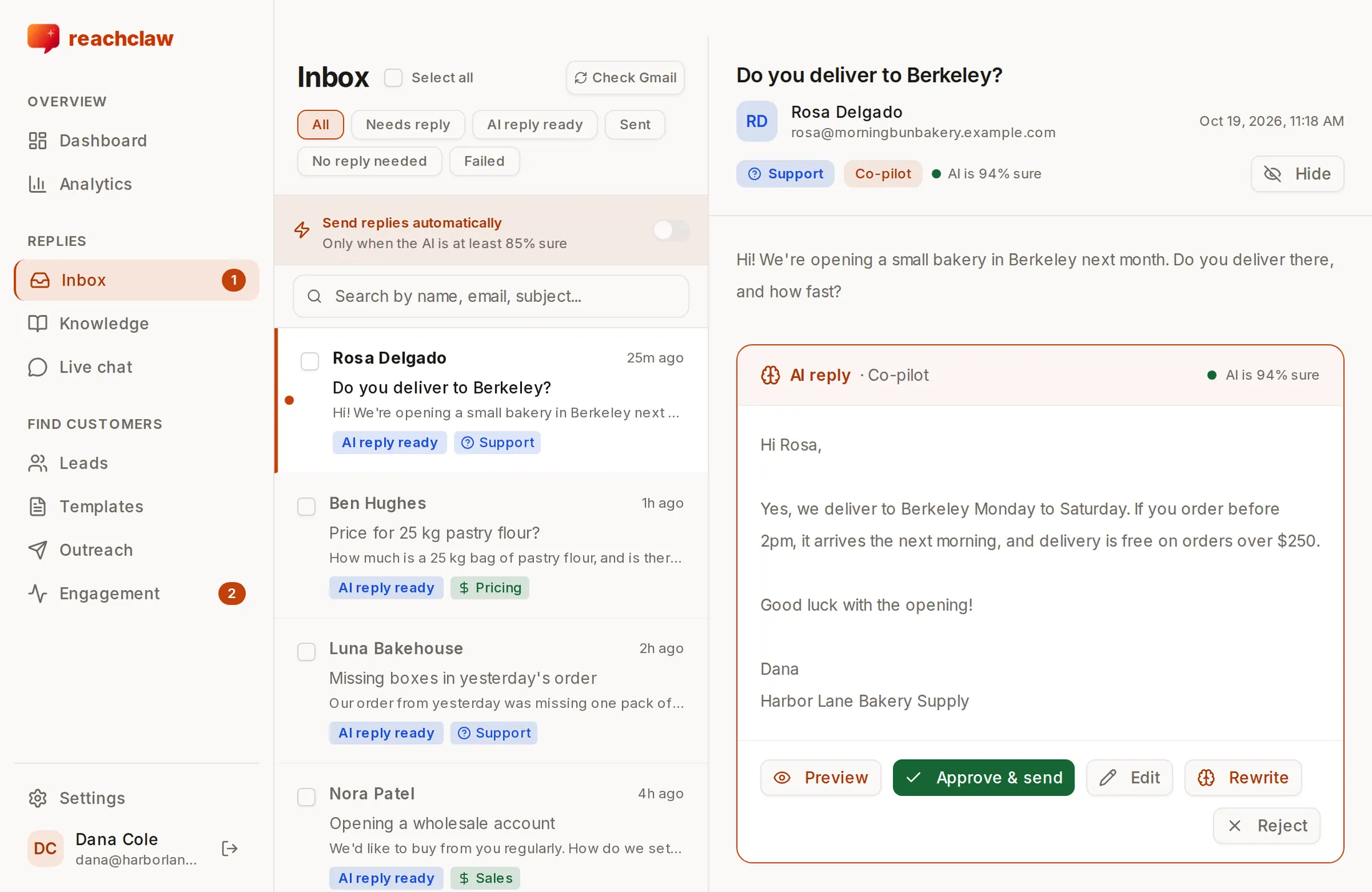 The ReachClaw inbox with AI-drafted replies waiting for review (demo account)